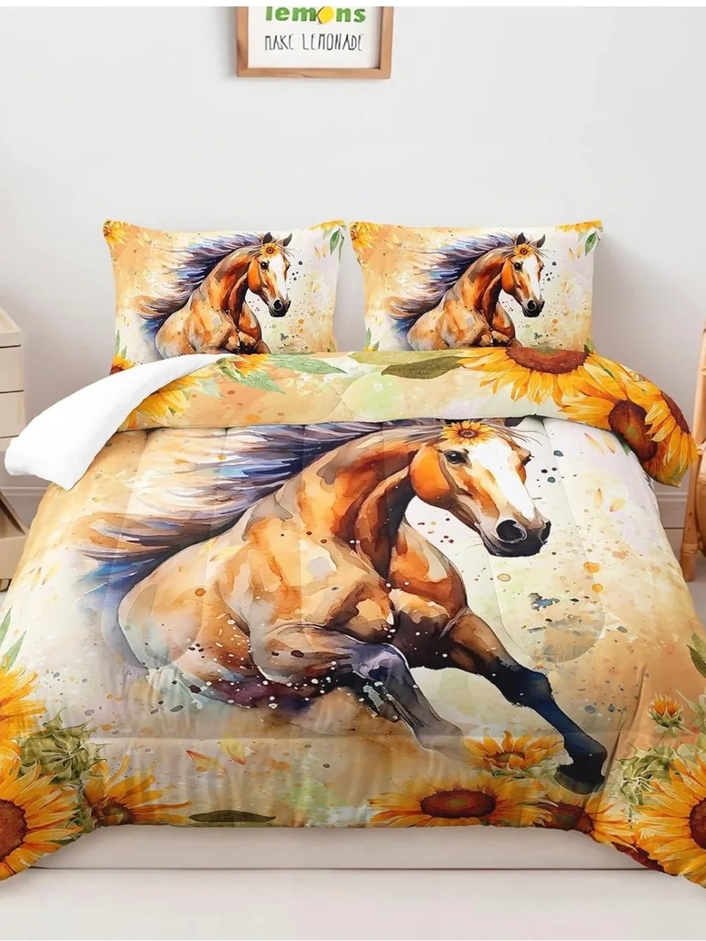 Sunflower Horse Printed Comforter Set - Beige and Yellow
